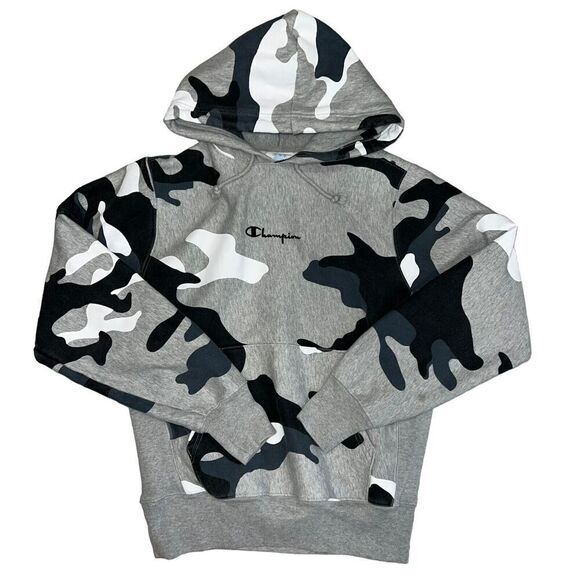 Champion Reverse Weave Hoodie Size Medium Gray Blue Camo Pullover - Picture 1 of 9